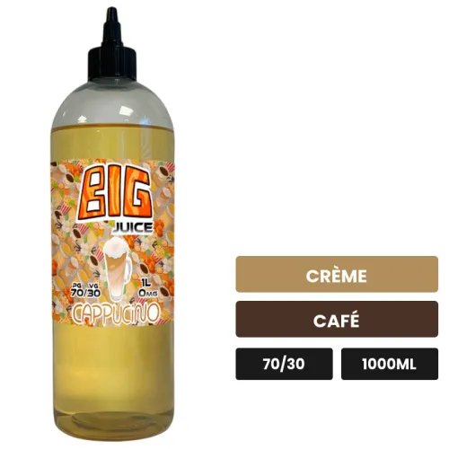 E-liquide Cappuccino de Big Juice, 1000 ml, saveurs crème et café, sans nicotine de nicotine.