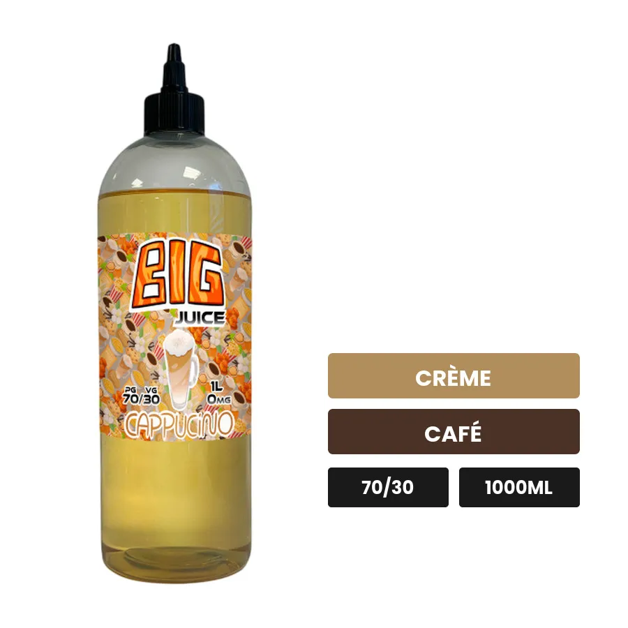 E-liquide Cappuccino de Big Juice, 1000 ml, saveurs crème et café, sans nicotine de nicotine.