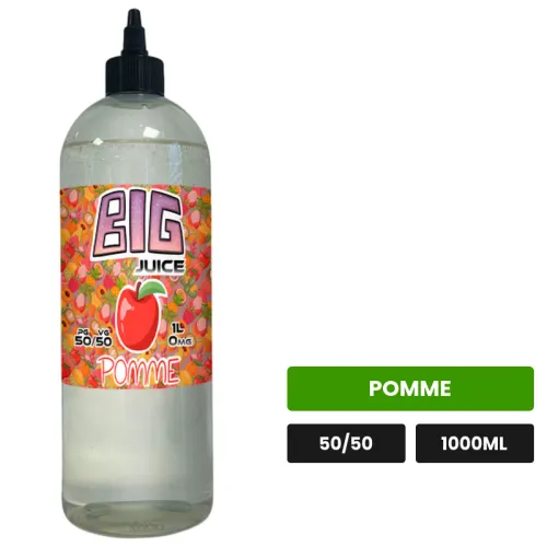 E-liquide Pomme de Big Juice, 1000 ml, saveur pomme, sans nicotine de nicotine.