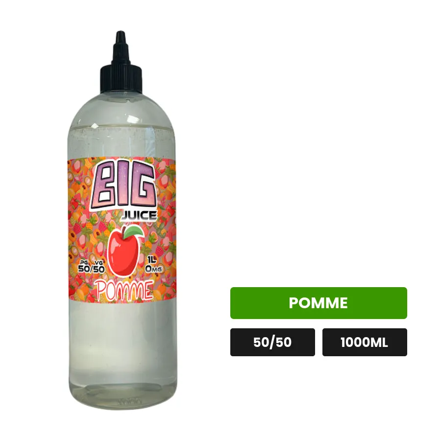 E-liquide Pomme de Big Juice, 1000 ml, saveur pomme, sans nicotine de nicotine.