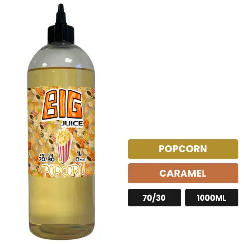 E-liquide Pop Corn de Big Juice, 1000 ml, saveurs popcorn et caramel, sans nicotine de nicotine.