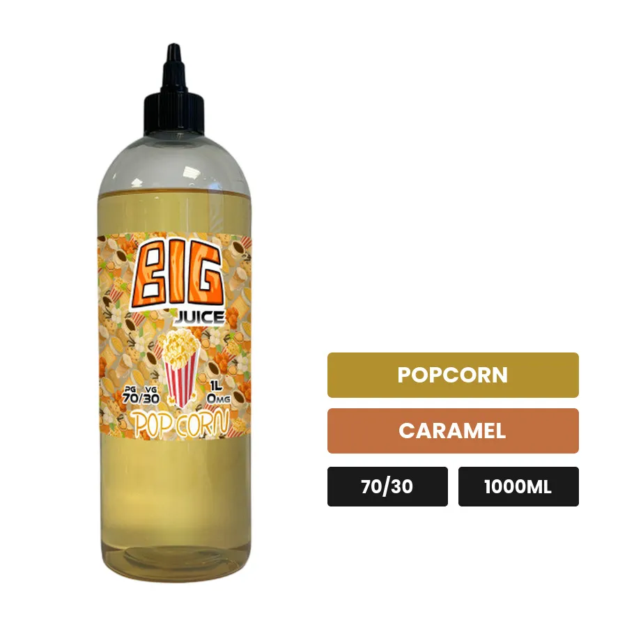 E-liquide Pop Corn de Big Juice, 1000 ml, saveurs popcorn et caramel, sans nicotine de nicotine.