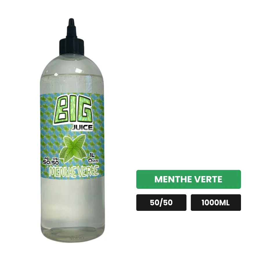 E-liquide Menthe Verte de Big Juice, 1000 ml, saveur menthe verte, sans nicotine de nicotine.