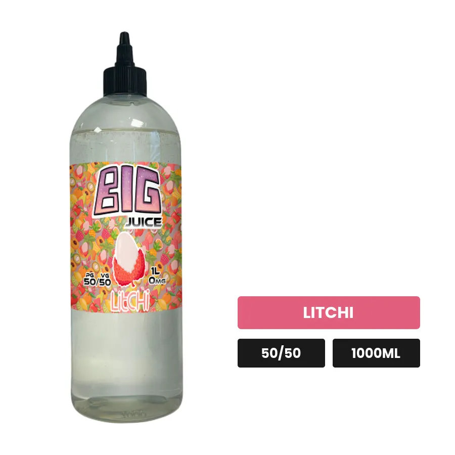 E-liquide Litchi de Big Juice, 1000 ml, saveur litchi, sans nicotine de nicotine.
