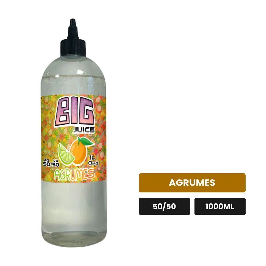 E-liquide Agrumes de Big Juice, 1000 ml, saveur agrumes, sans nicotine de nicotine.