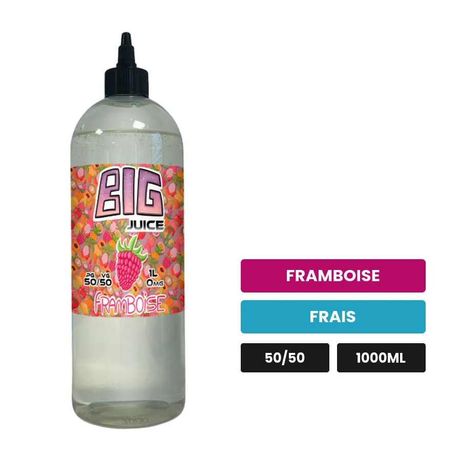 E-liquide Framboise de Big Juice, 1000 ml, saveurs framboise et frais, sans nicotine de nicotine.