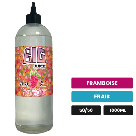 E-liquide Framboise de Big Juice, 1000 ml, saveurs framboise et frais, sans nicotine de nicotine.