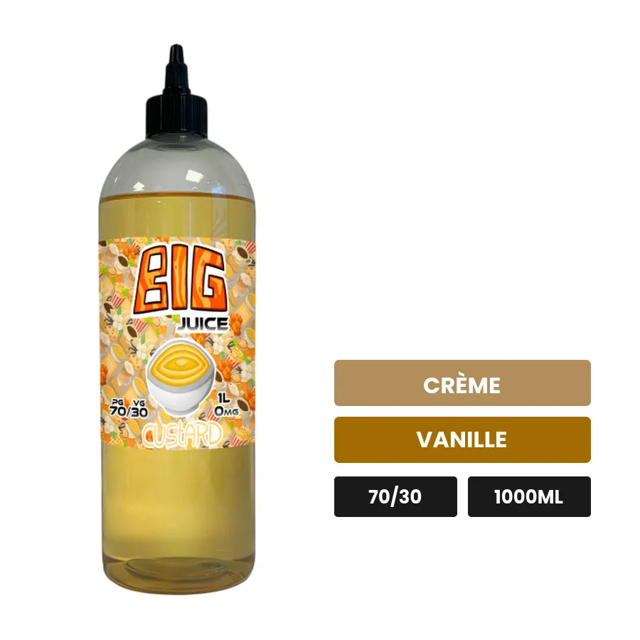 E-liquide Custard de Big Juice, 1000 ml, saveurs crème et vanille, sans nicotine de nicotine.