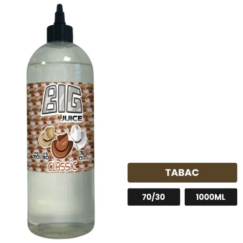 E-liquide Classic de Big Juice, 1000 ml, saveur tabac, sans nicotine de nicotine.