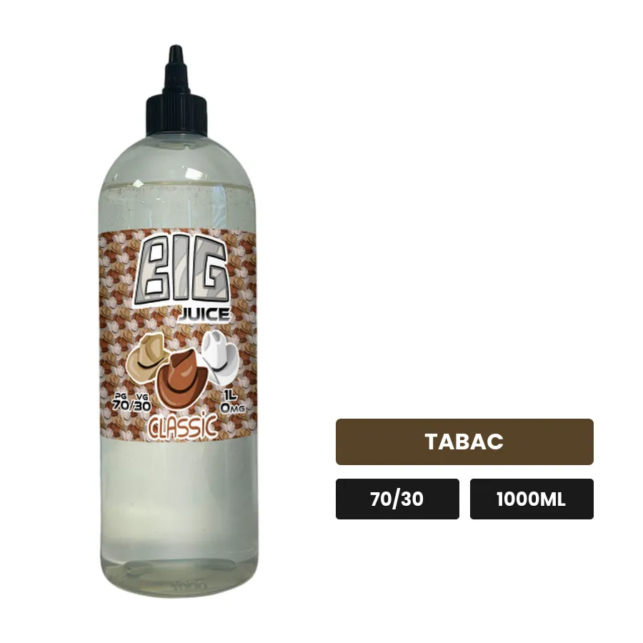 E-liquide Classic de Big Juice, 1000 ml, saveur tabac, sans nicotine de nicotine.