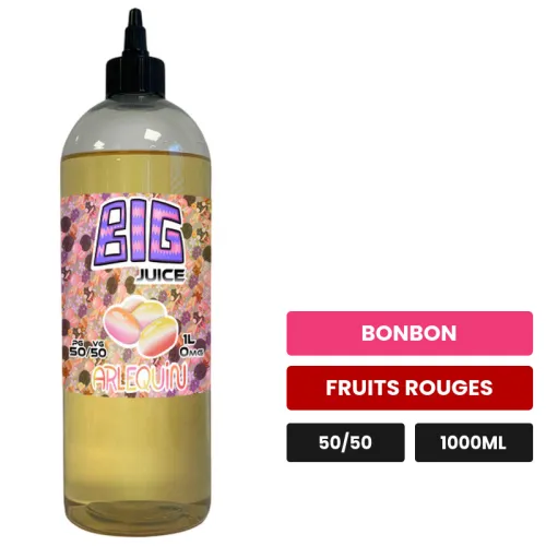 E-liquide Bonbon Arlequin de Big Juice, 1000 ml, saveurs bonbon et fruits rouges, sans nicotine de nicotine.