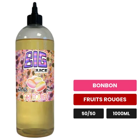 E-liquide Bonbon Arlequin de Big Juice, 1000 ml, saveurs bonbon et fruits rouges, sans nicotine de nicotine.