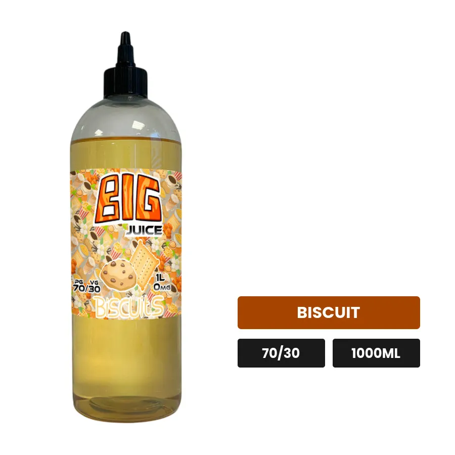 E-liquide Biscuit de Big Juice, 1000 ml, saveur biscuit, sans nicotine de nicotine.