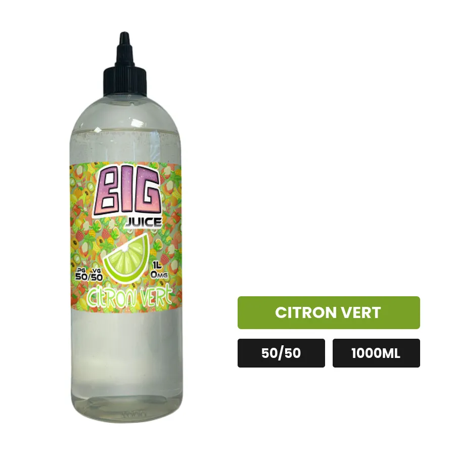 E-liquide Citron Vert de Big Juice, 1000 ml, saveur citron vert, sans nicotine de nicotine.