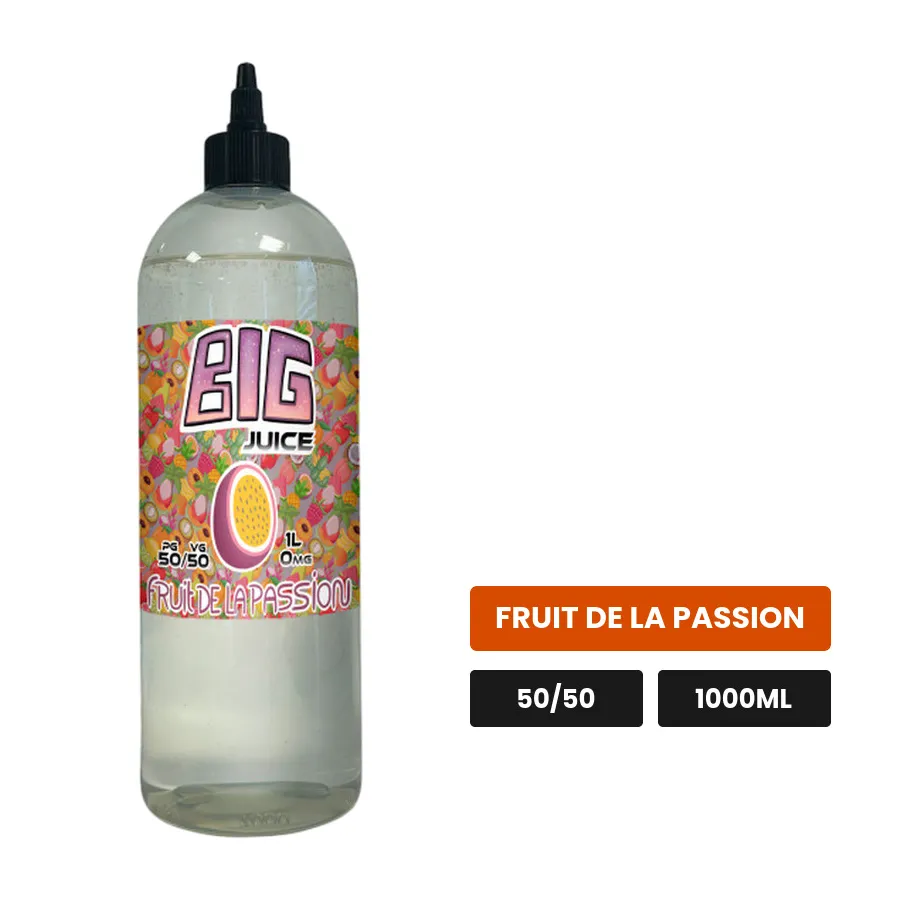 E-liquide Fruit de la Passion de Big Juice, 1000 ml, saveur fruit de la passion, sans nicotine de nicotine.