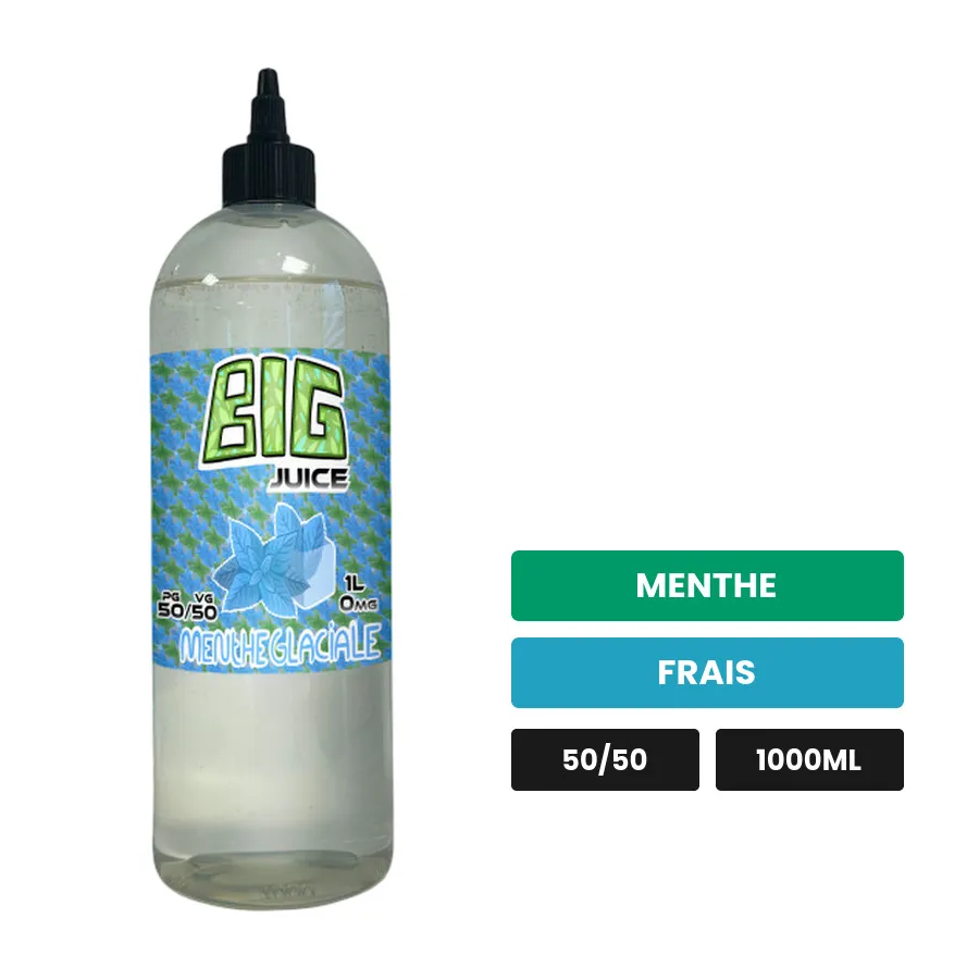 E-liquide Menthe Glaciale de Big Juice, 1000 ml, saveurs menthe et frais, sans nicotine de nicotine.