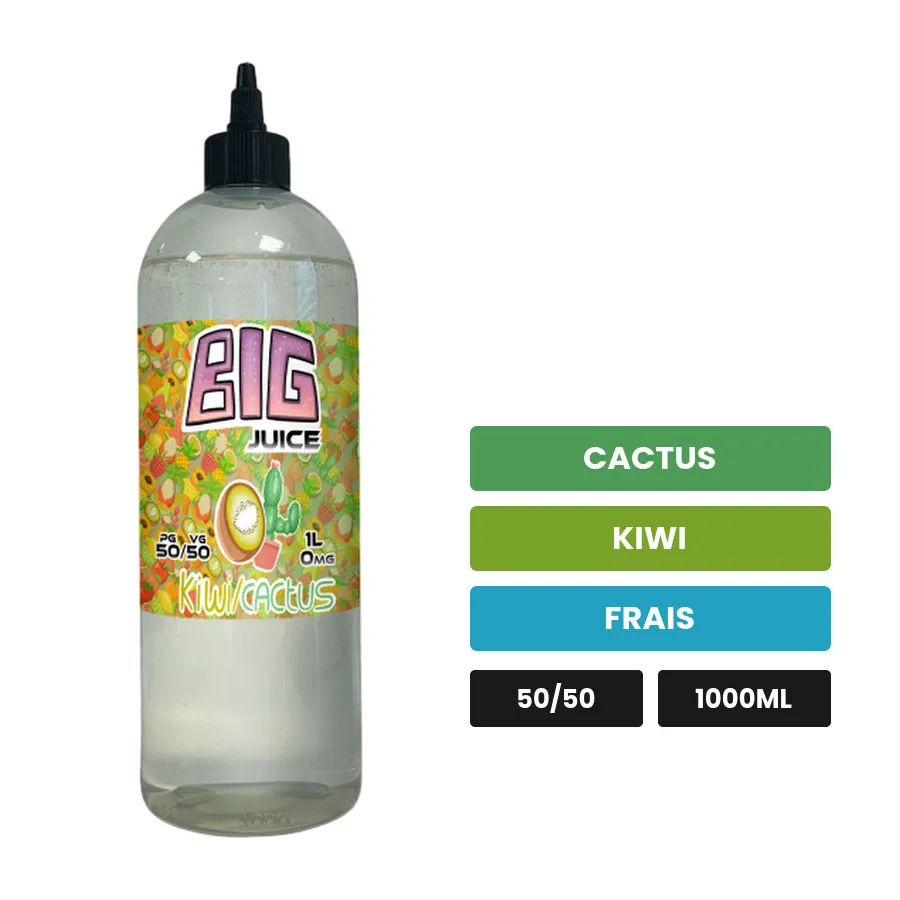 E-liquide Kiwi Cactus de Big Juice, 1000 ml, saveurs cactus, kiwi et frais, sans nicotine de nicotine.