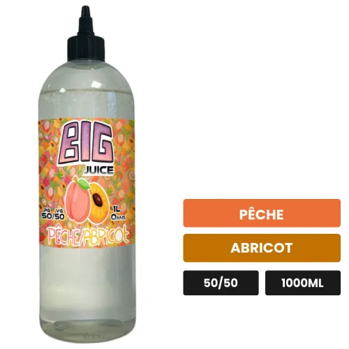 E-liquide Pêche Abricot de Big Juice, 1000 ml, saveurs pêche et abricot, sans nicotine de nicotine.