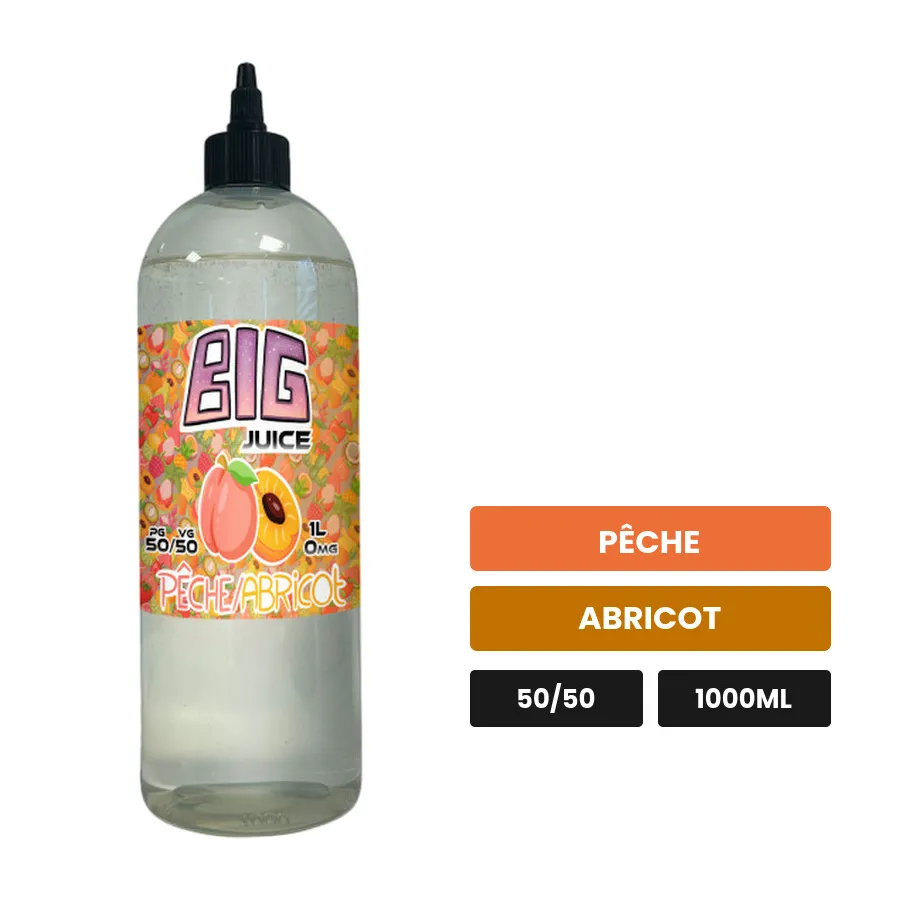 E-liquide Pêche Abricot de Big Juice, 1000 ml, saveurs pêche et abricot, sans nicotine de nicotine.