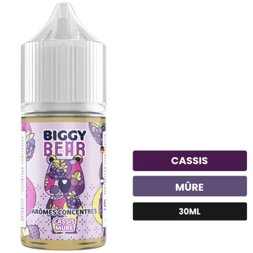 Arome concentre Cassis Mûre de Biggy Bear, 30 ml, saveurs cassis et mûre, sans nicotine — arôme à diluer de nicotine.