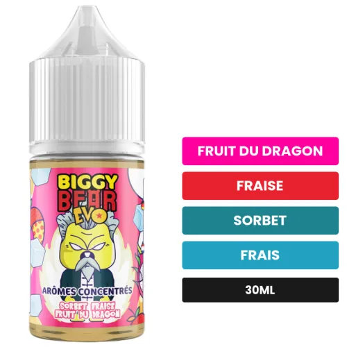 Arome concentre Sorbet Fraise Fruit du Dragon de Biggy Bear, 30 ml, saveurs fruit du dragon, fraise, sorbet et 1 autre, sans.