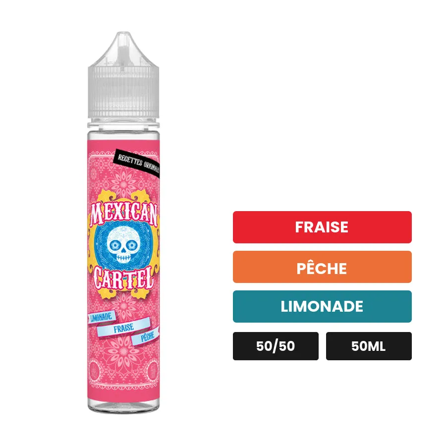 E-liquide Limonade Fraise Pêche de Mexican Cartel, 50 ml, saveurs fraise, pêche et limonade, sans nicotine — prêt à booster.