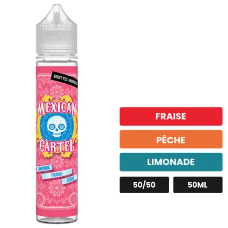 E-liquide Limonade Fraise Pêche de Mexican Cartel, 50 ml, saveurs fraise, pêche et limonade, sans nicotine — prêt à booster.