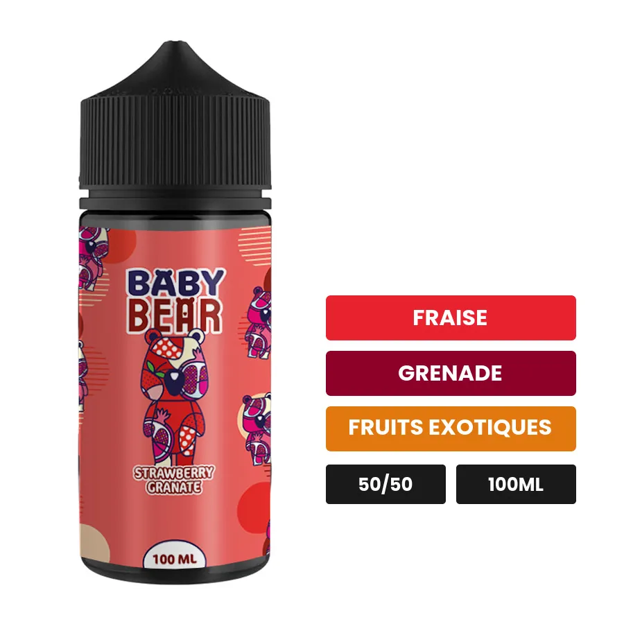 E-liquide Strawberry Granate de Biggy Bear, 100 ml, saveurs fraise, grenade et fruits exotiques, sans nicotine — prêt à.
