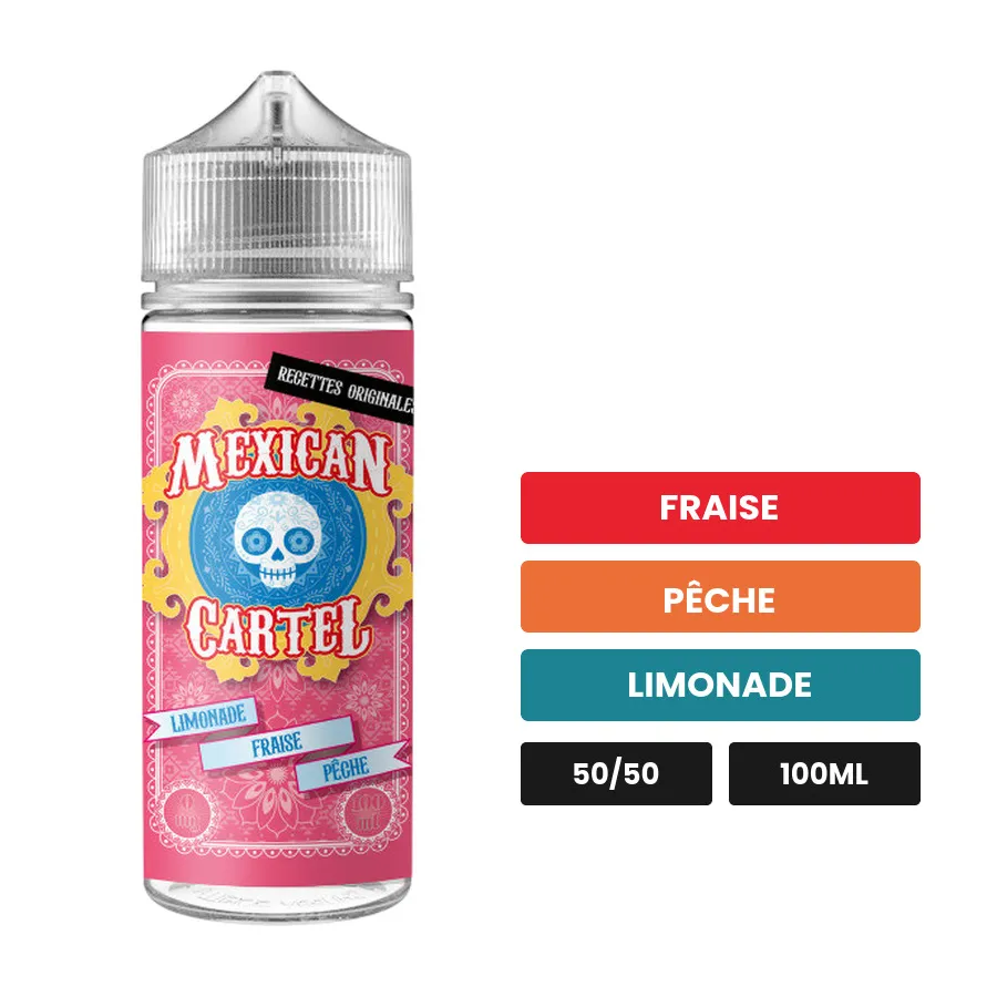 E-liquide Limonade Fraise Pêche de Mexican Cartel, 100 ml, saveurs fraise, pêche et limonade, sans nicotine — prêt à booster.