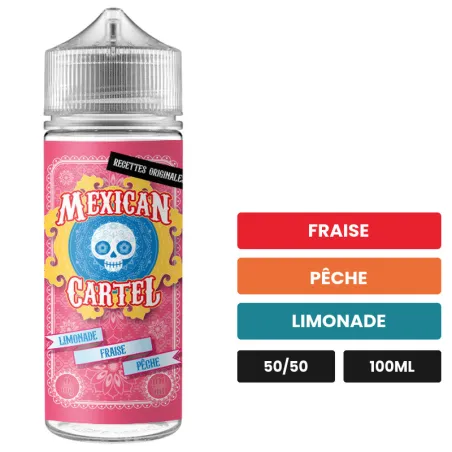 E-liquide Limonade Fraise Pêche de Mexican Cartel, 100 ml, saveurs fraise, pêche et limonade, sans nicotine — prêt à booster.