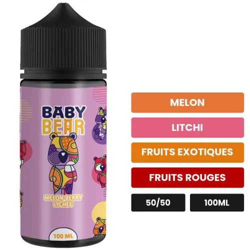 E-liquide Melon Berry Lychee de Biggy Bear, 100 ml, saveurs melon, litchi, fruits exotiques et 1 autre, sans nicotine — prêt.