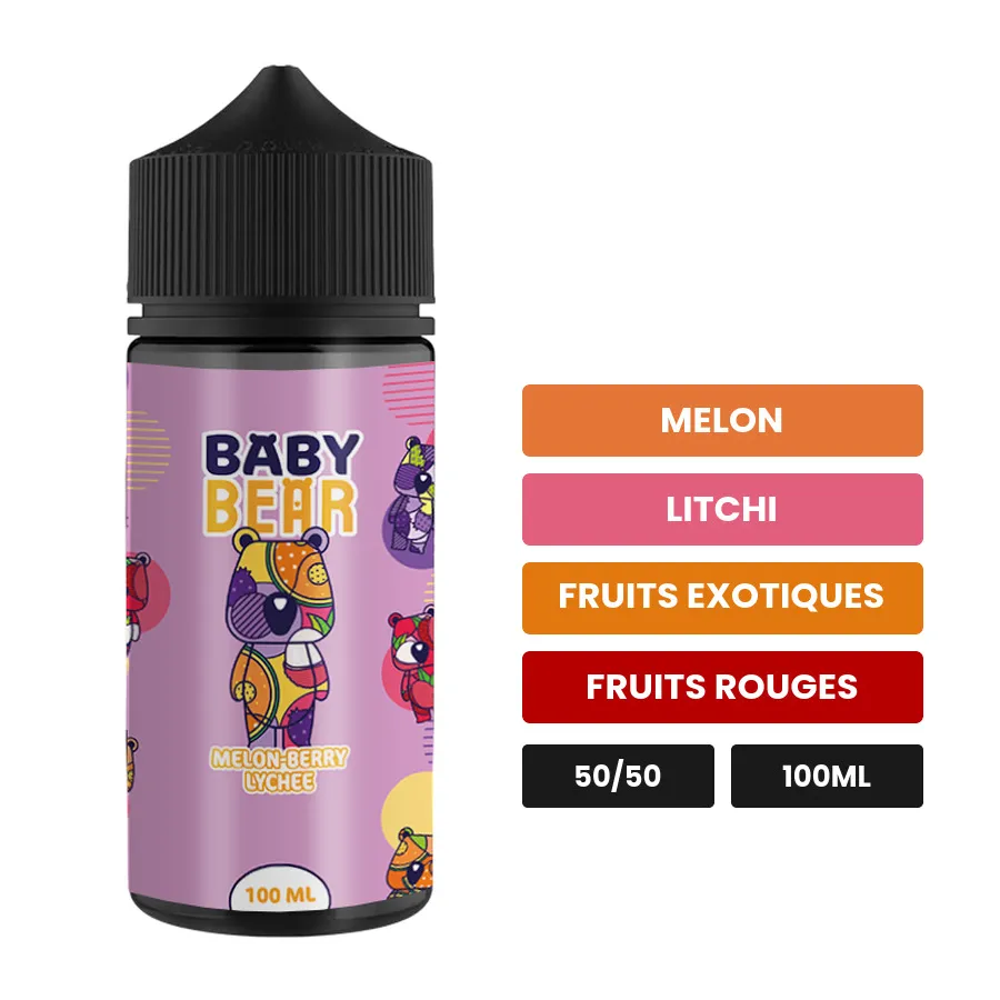 E-liquide Melon Berry Lychee de Biggy Bear, 100 ml, saveurs melon, litchi, fruits exotiques et 1 autre, sans nicotine — prêt.