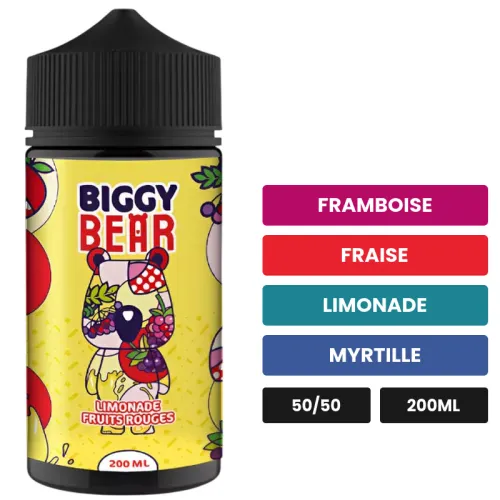 E-liquide Limonade Fruits Rouges de Biggy Bear, 200 ml, saveurs framboise, fraise, limonade et 4 autres.
