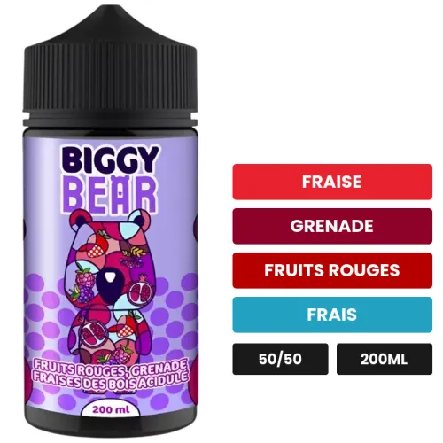 E-liquide Fruits Rouges Grenade Fraise des Bois Acidulée de Biggy Bear, 200 ml, saveurs fraise, grenade, fruits rouges et 1.