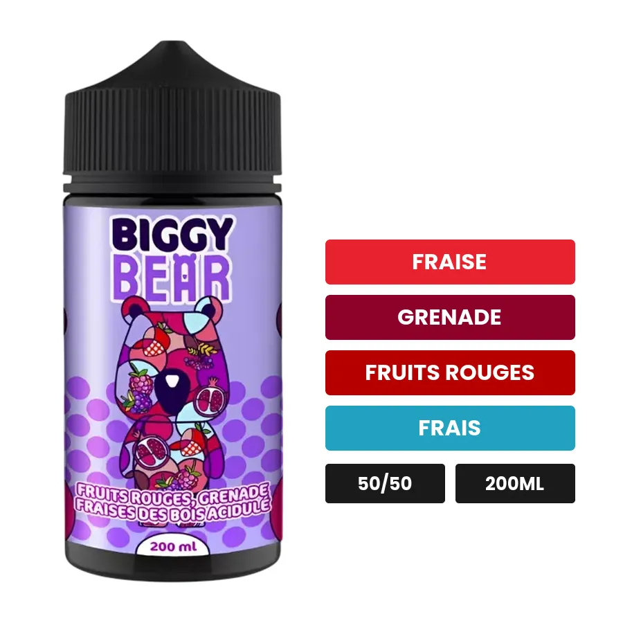 E-liquide Fruits Rouges Grenade Fraise des Bois Acidulée de Biggy Bear, 200 ml, saveurs fraise, grenade, fruits rouges et 1.