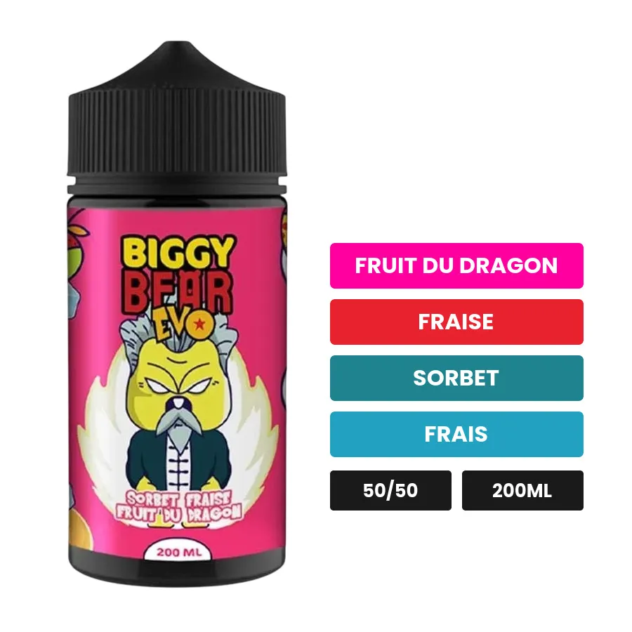E-liquide Sorbet Fraise Fruit du Dragon de Biggy Bear, 200 ml, saveurs fruit du dragon, fraise, sorbet et 1 autre.