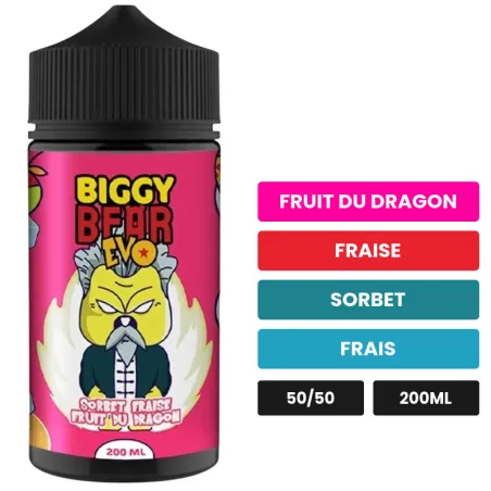 E-liquide Sorbet Fraise Fruit du Dragon de Biggy Bear, 200 ml, saveurs fruit du dragon, fraise, sorbet et 1 autre.