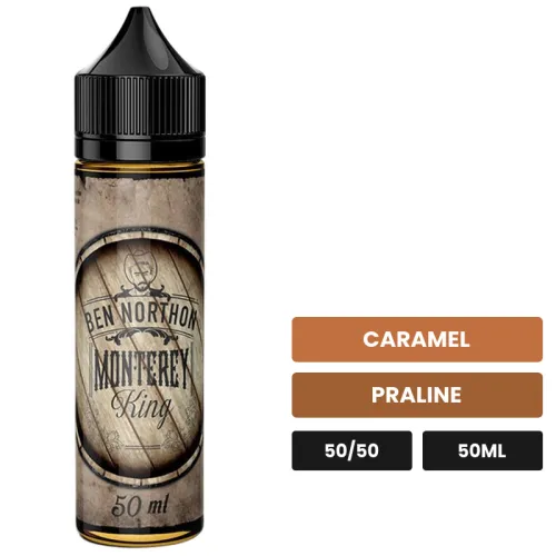 E-liquide Monterey King de Ben Northon, 50 ml, saveurs caramel et praline, sans nicotine — prêt à booster de nicotine.