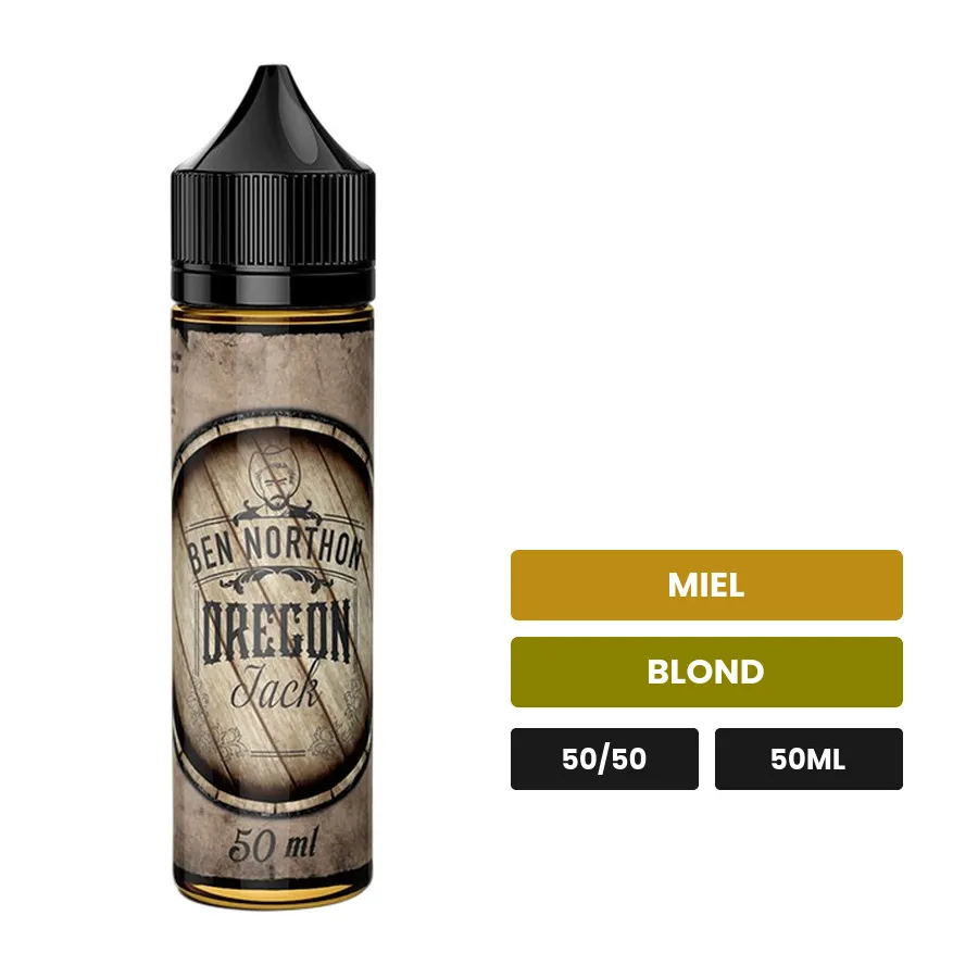 E-liquide Oregon Jack de Ben Northon, 50 ml, saveurs miel et blond, sans nicotine — prêt à booster de nicotine.