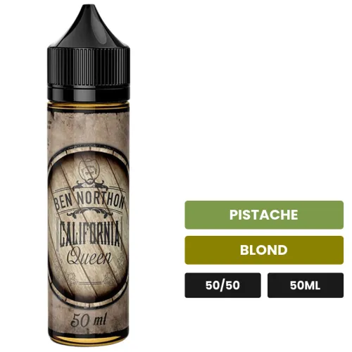 E-liquide California Queen de Ben Northon, 50 ml, saveurs pistache et blond, sans nicotine — prêt à booster de nicotine.