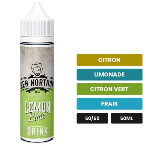 E-liquide Lemon Lime de Ben Northon, 50 ml, saveurs citron, limonade, citron vert et 1 autre, sans nicotine — prêt à booster.