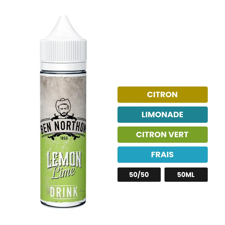 E-liquide Lemon Lime de Ben Northon, 50 ml, saveurs citron, limonade, citron vert et 1 autre, sans nicotine — prêt à booster.