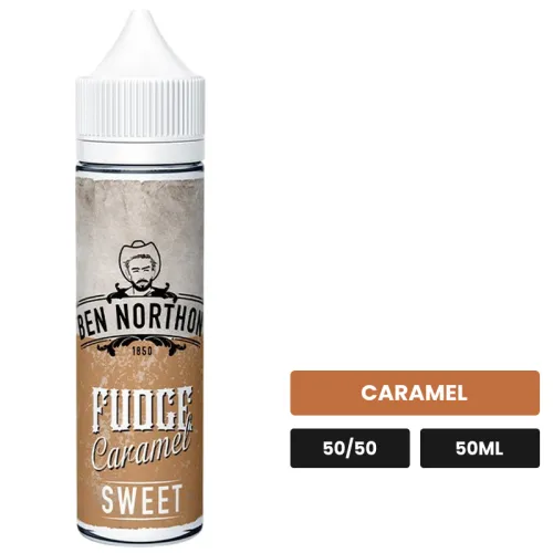 E-liquide Fudge Caramel de Ben Northon, 50 ml, saveur caramel, sans nicotine — prêt à booster de nicotine.
