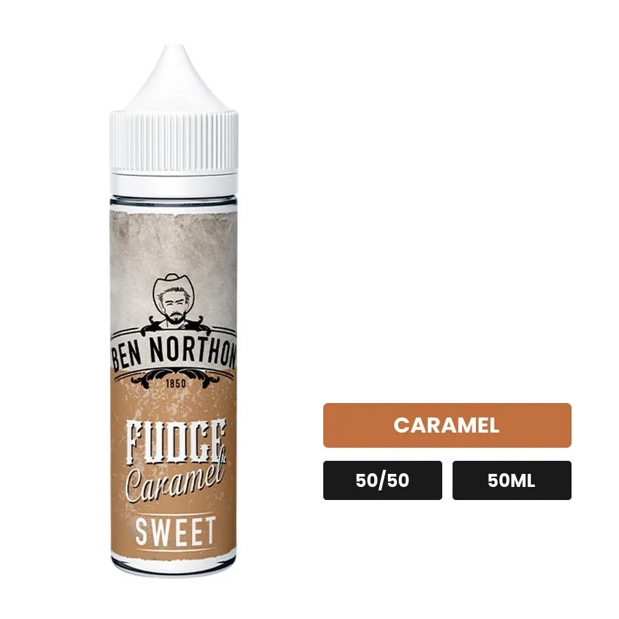 E-liquide Fudge Caramel de Ben Northon, 50 ml, saveur caramel, sans nicotine — prêt à booster de nicotine.