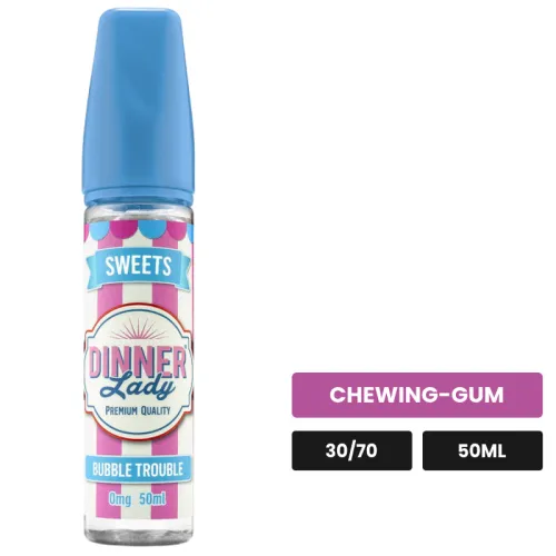 E-liquide Bubble Trouble de Dinner Lady, 50 ml, saveur chewing-gum, sans nicotine — prêt à booster de nicotine.