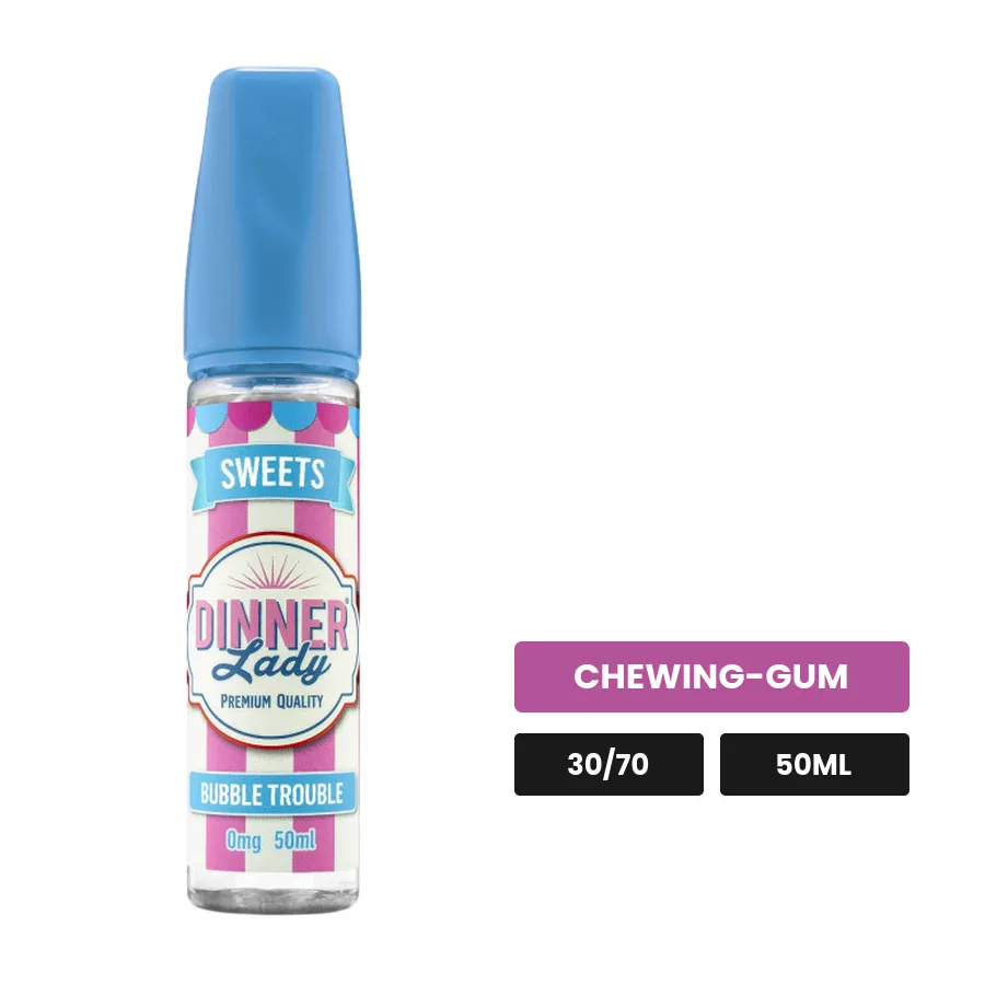 E-liquide Bubble Trouble de Dinner Lady, 50 ml, saveur chewing-gum, sans nicotine — prêt à booster de nicotine.