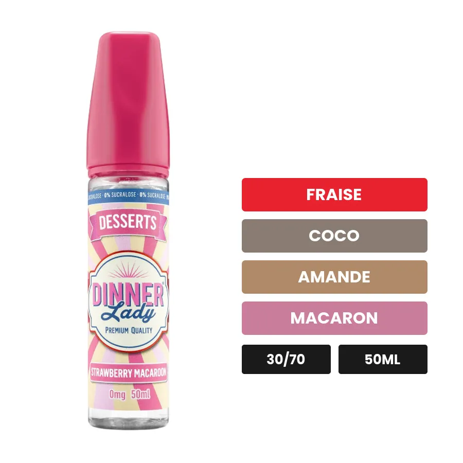 E-liquide Strawberry Macaroon de Dinner Lady, 50 ml, saveurs fraise, coco, amande et 1 autre, sans nicotine — prêt à booster.