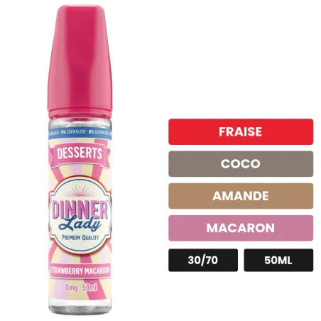 E-liquide Strawberry Macaroon de Dinner Lady, 50 ml, saveurs fraise, coco, amande et 1 autre, sans nicotine — prêt à booster.