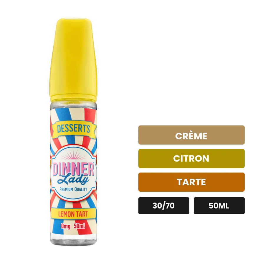 E-liquide Lemon Tart de Dinner Lady, 50 ml, saveurs crème, citron et tarte, sans nicotine — prêt à booster de nicotine.