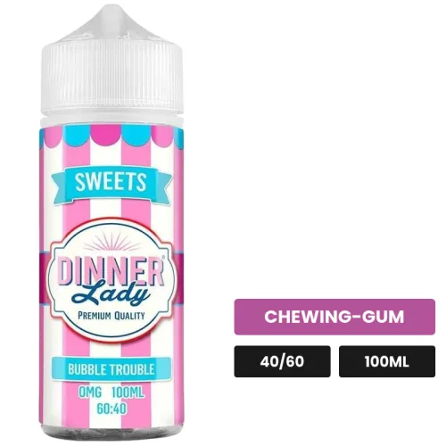 E-liquide Bubble Trouble de Dinner Lady, 100 ml, saveur chewing-gum, sans nicotine — prêt à booster de nicotine.